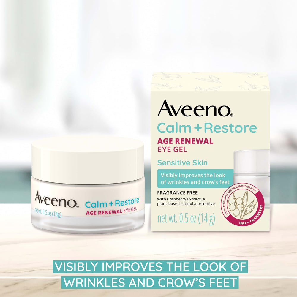Close-up of Aveeno Calm and Restore Eye Gel jar showing smoothing texture.