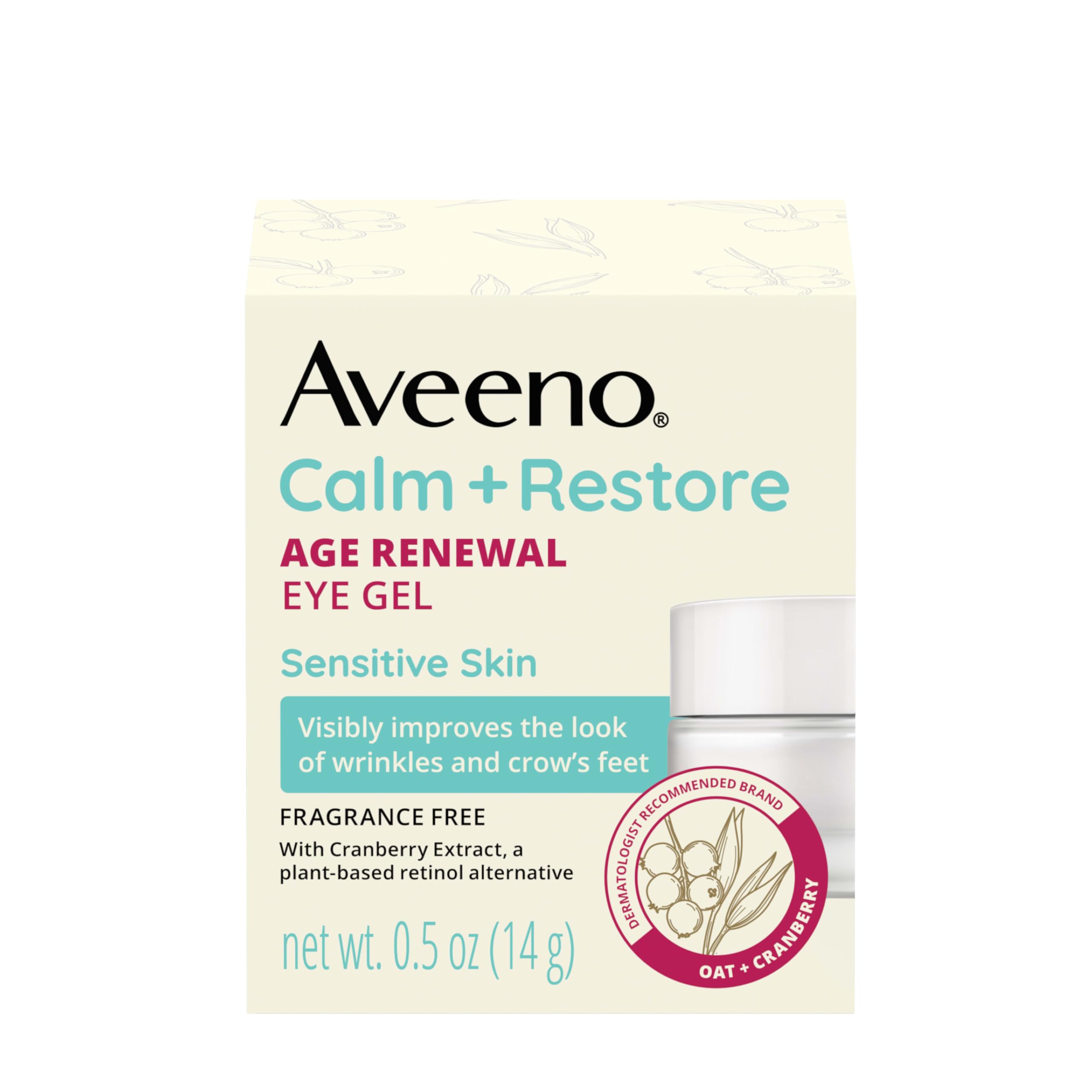 Non-comedogenic Aveeno Calm and Restore Eye Gel designed for safe daily use.