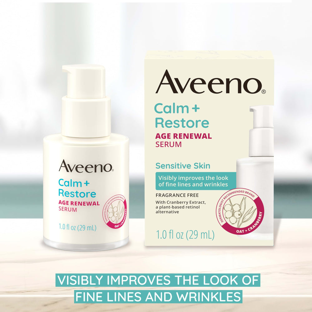 Close-up of Aveeno Calm Restore Serum texture, light and fast-absorbing on skin.