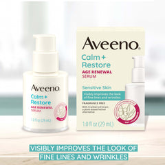 Close-up of Aveeno Calm Restore Serum texture, light and fast-absorbing on skin.