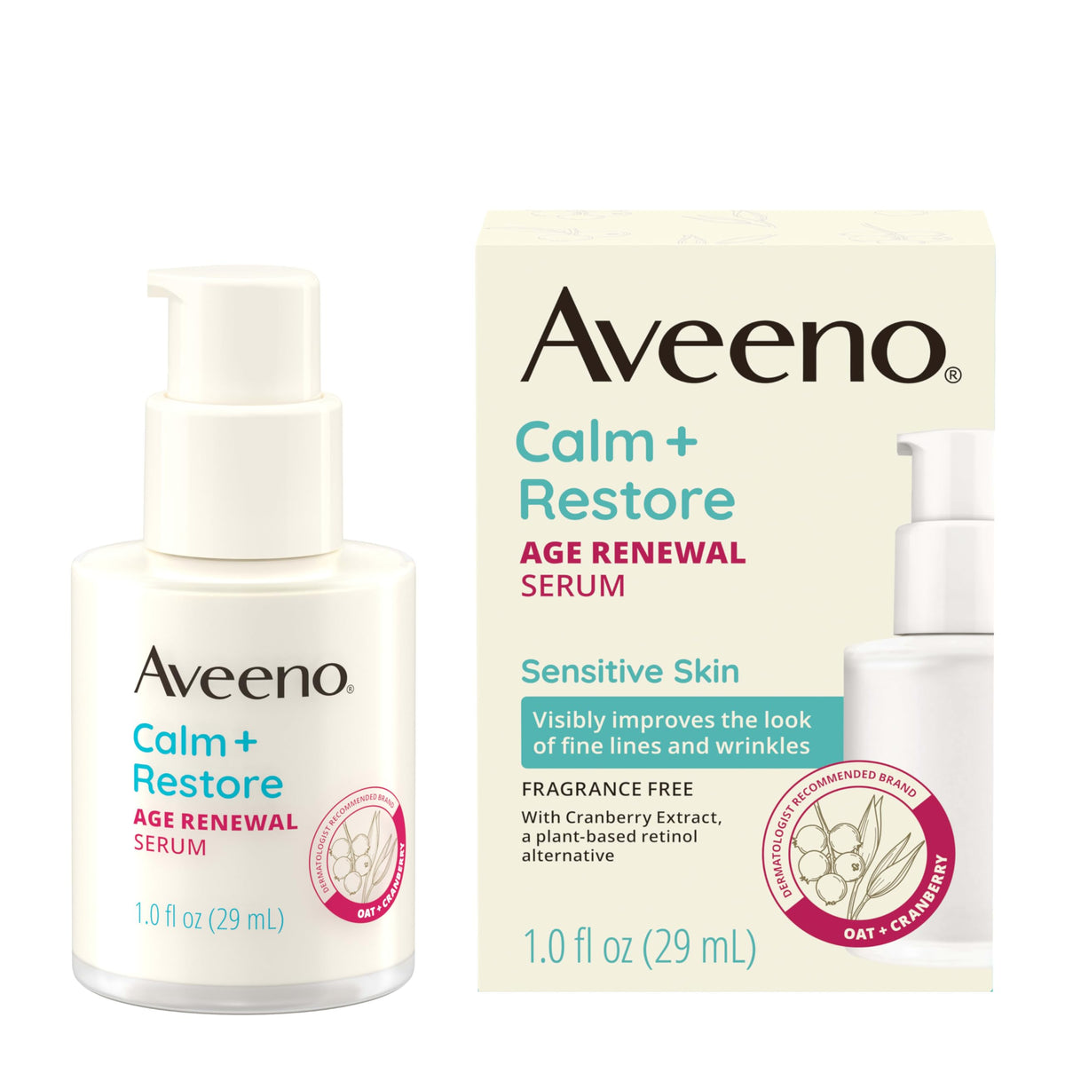 Aveeno Calm Restore Age Renewal Serum bottle, fragrance-free and gentle for sensitive skin.