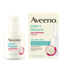 Aveeno Calm Restore Age Renewal Serum bottle, fragrance-free and gentle for sensitive skin.
