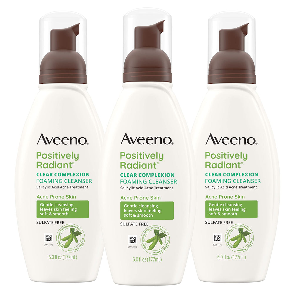 Aveeno Clear Complexion foaming cleanser bottle shows an oil-free formula for breakout-prone skin.