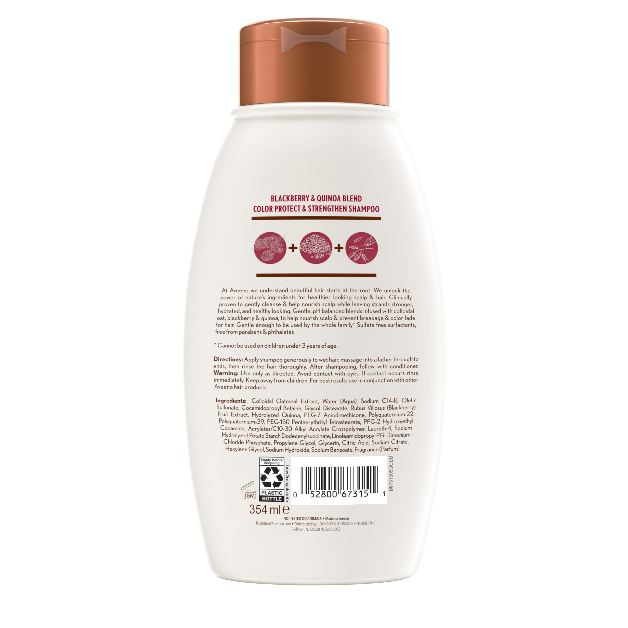 Aveeno color protect shampoo on sink, ideal for keeping color vibrant.