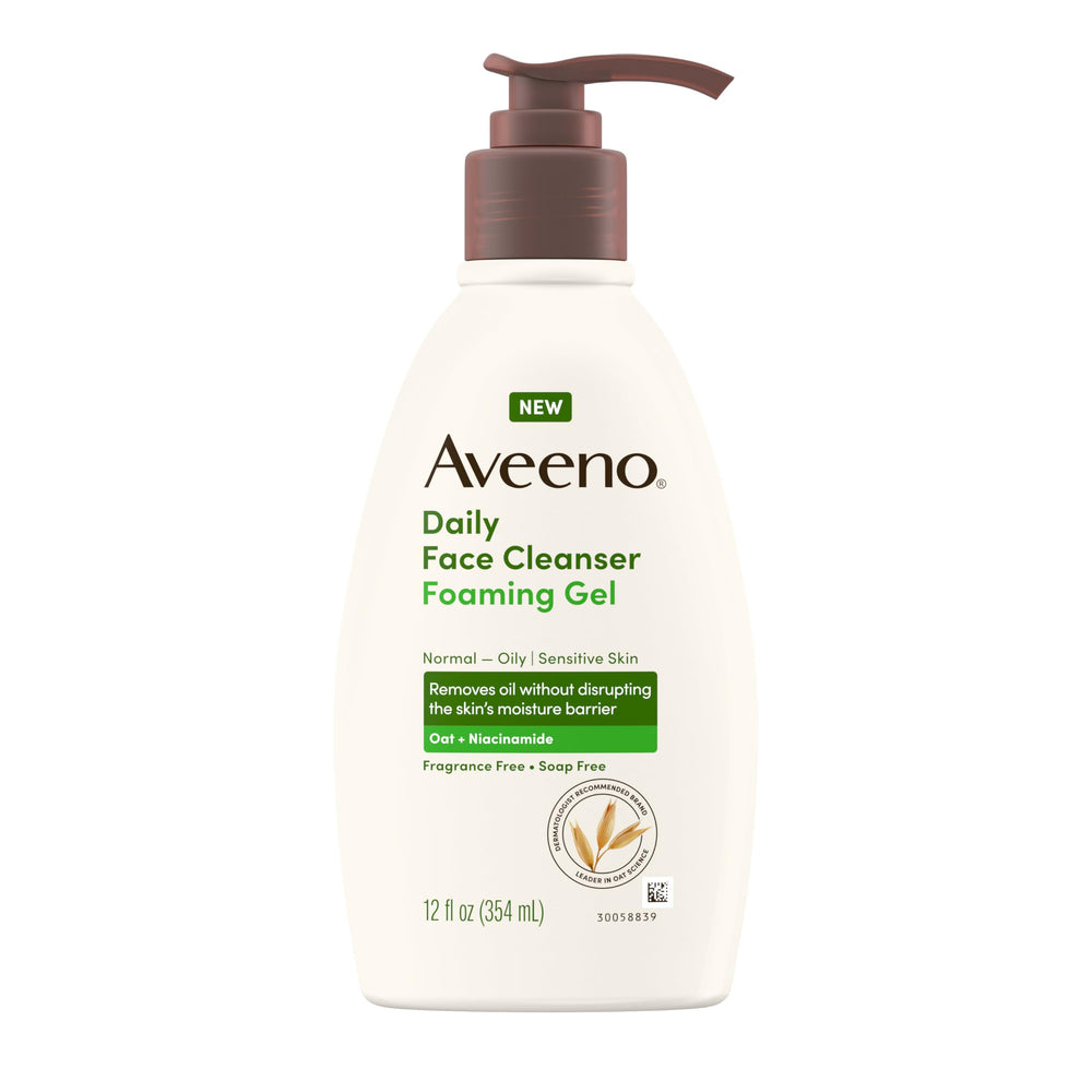 Aveeno Daily Foaming Gel Cleanser bottle showing fragrance free formula for sensitive skin.