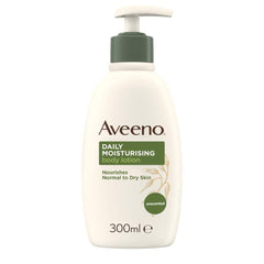 Aveeno Daily Moisturising Lotion bottle front shows fragrance-free, all-day hydration.