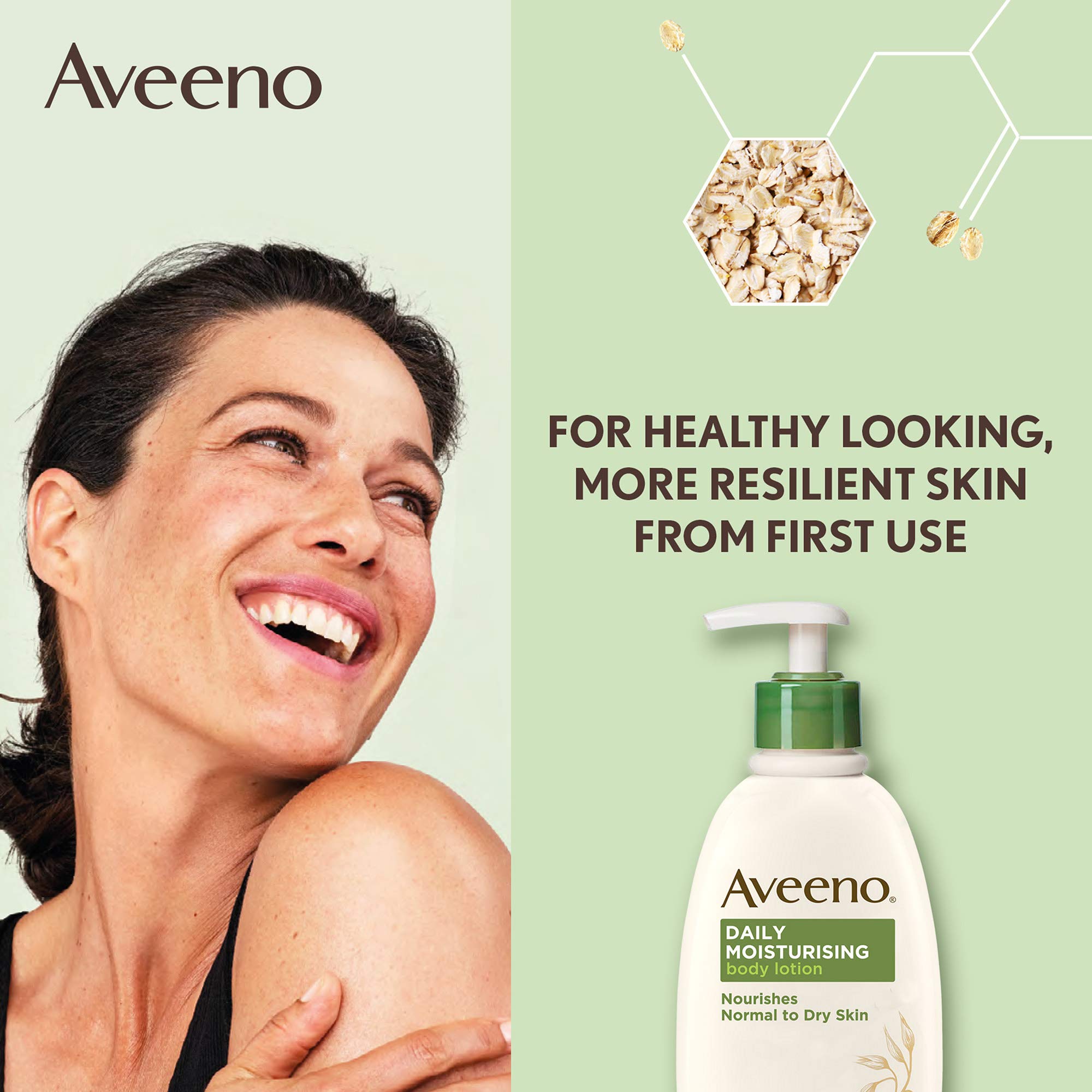 Aveeno Daily Moisturising Lotion bottle with pump demonstrates easy, non-greasy application.