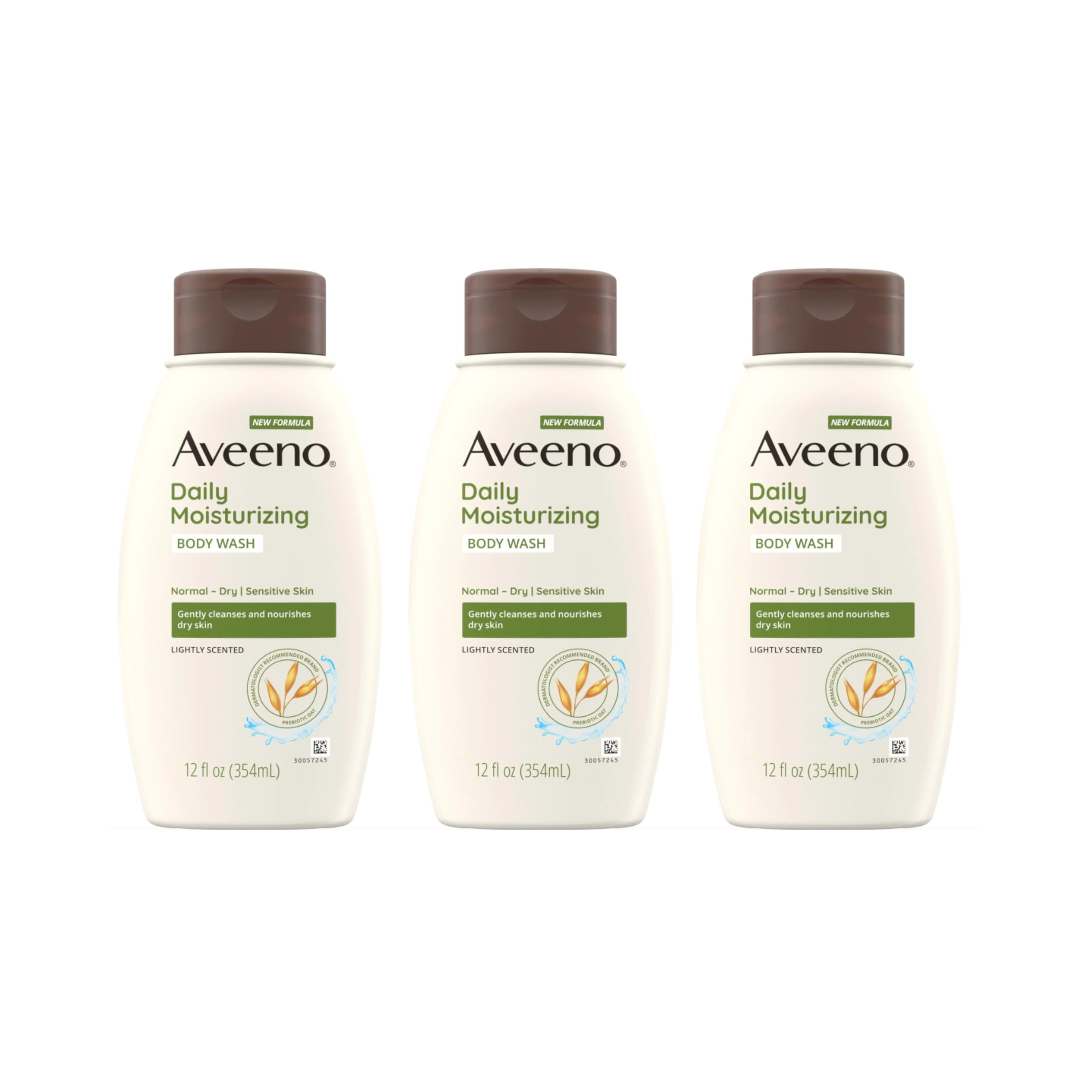 Aveeno Daily Moisturizing Body Wash pack of three bottles for convenient daily use.