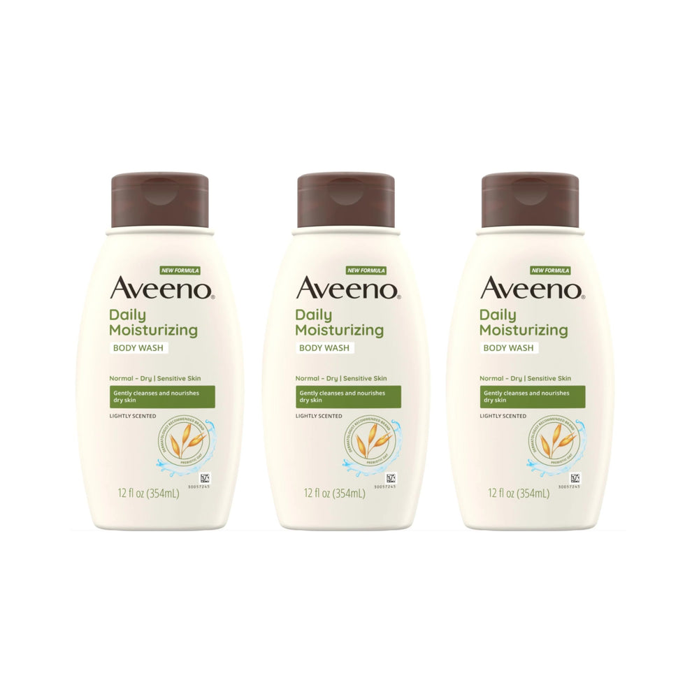 Aveeno Daily Moisturizing Body Wash pack of three bottles for convenient daily use.
