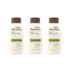 Aveeno Daily Moisturizing Body Wash pack of three bottles for convenient daily use.