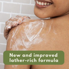 Creamy lather close-up highlights rich cleansing with Aveeno Daily Moisturizing Body Wash.