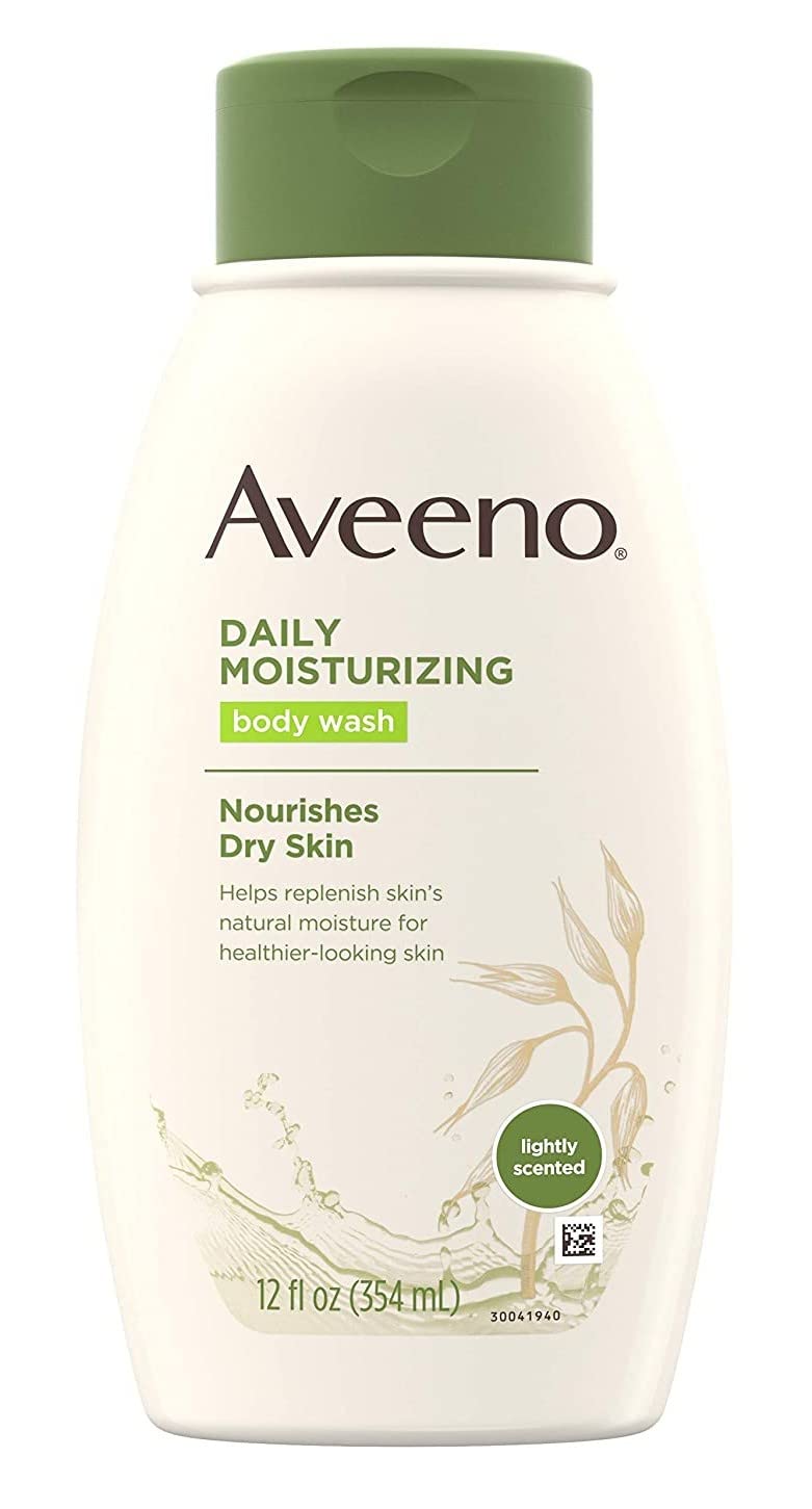 Aveeno Daily Moisturizing bottle pour shows soap-free, mild fragrance formula.