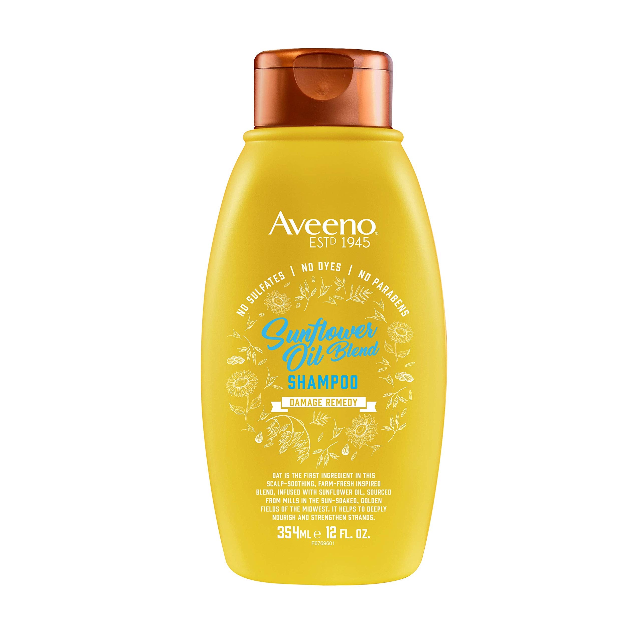 Aveeno Deep Moisturizing Sunflower Oil Blend Shampoo bottle highlights hydration for dry hair