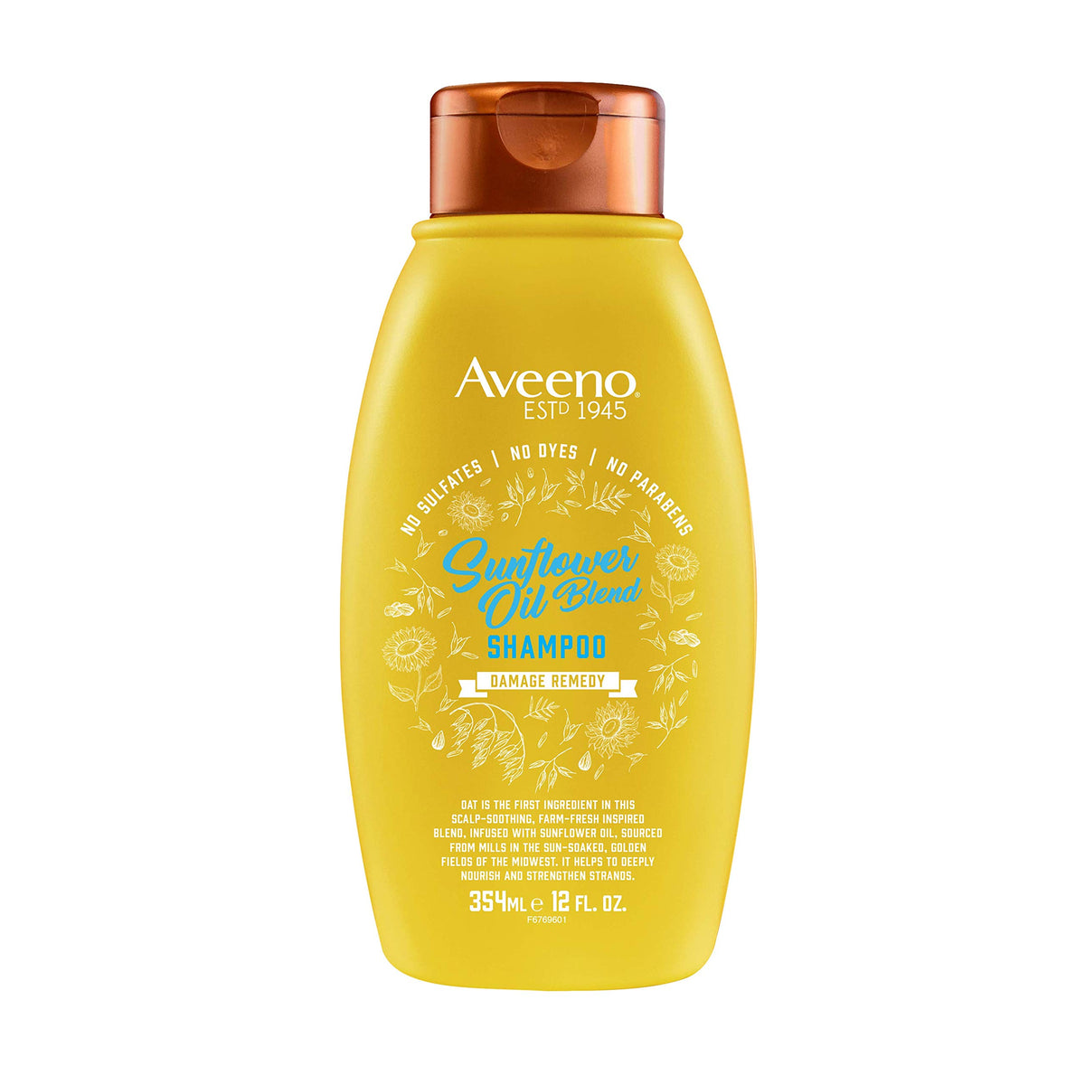 Aveeno Deep Moisturizing Sunflower Oil Blend Shampoo bottle highlights hydration for dry hair