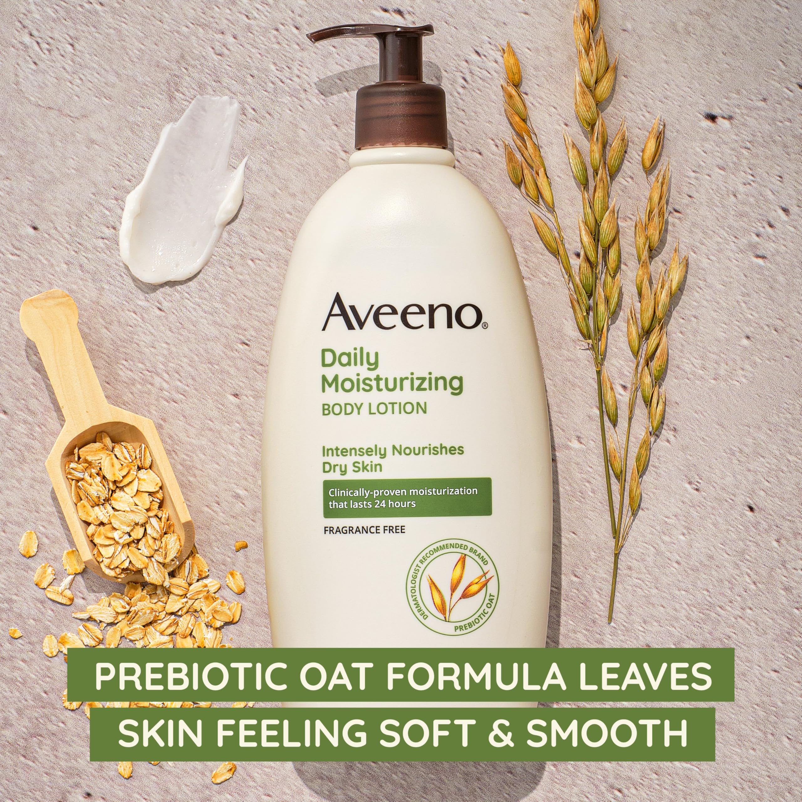 Fragrance-free label emphasized for sensitive skin daily care with Aveeno lotion.
