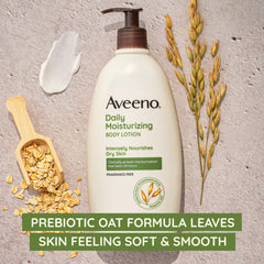 Fragrance-free label emphasized for sensitive skin daily care with Aveeno lotion.