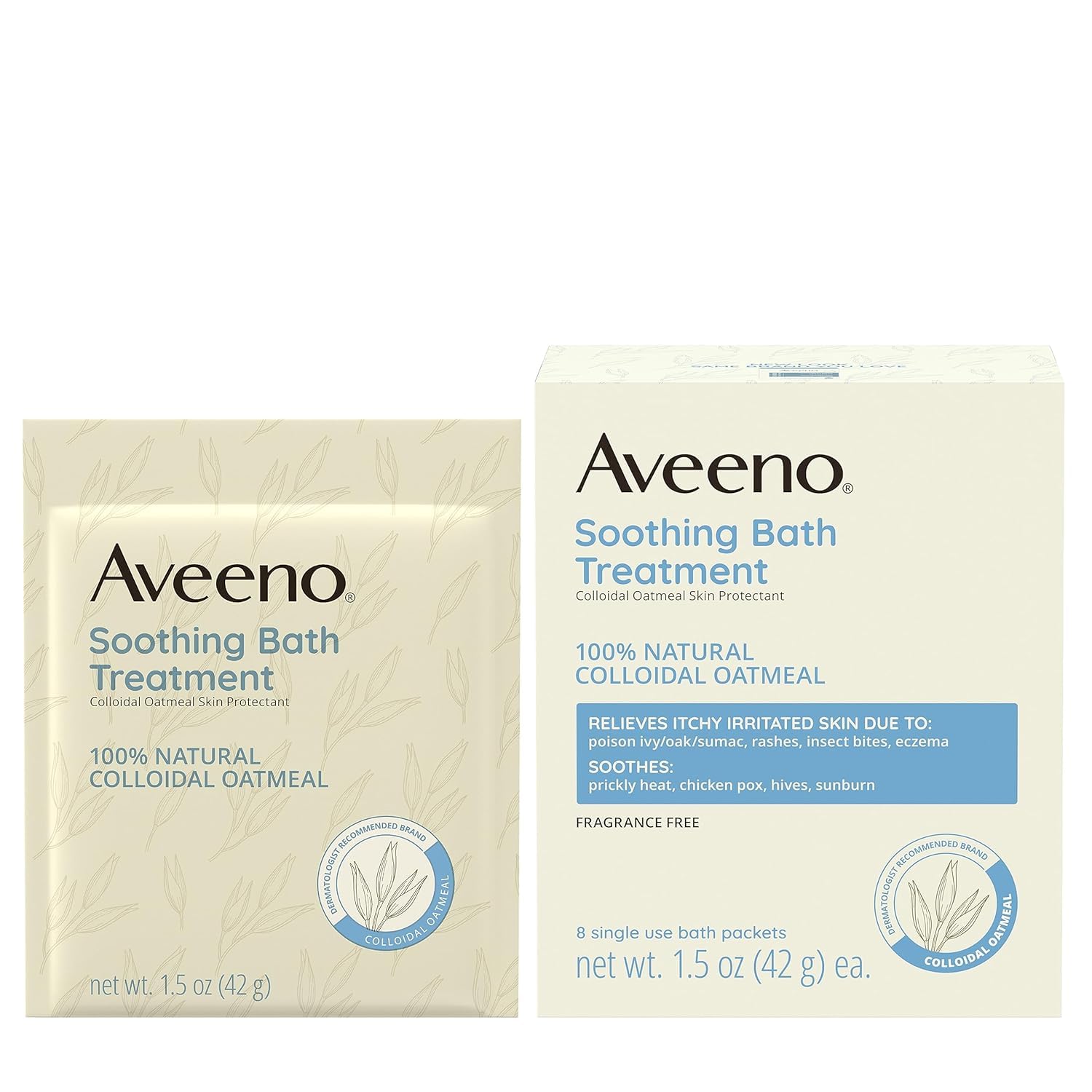 Single-use packets from Aveeno dissolve smoothly in bath water for quick soothing exposure.