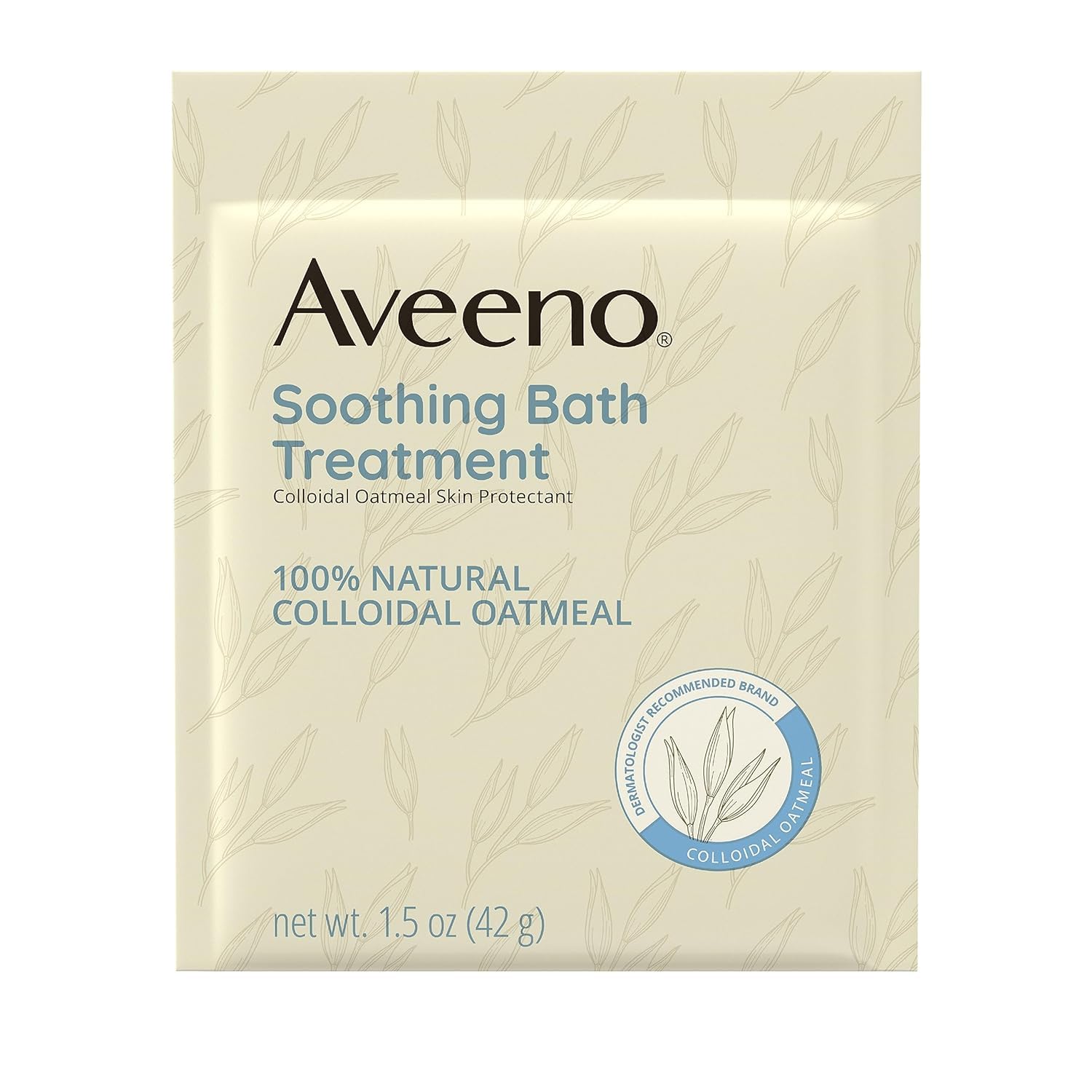 Aveeno fragrance-free colloidal oatmeal powder ready to disperse in warm bath.