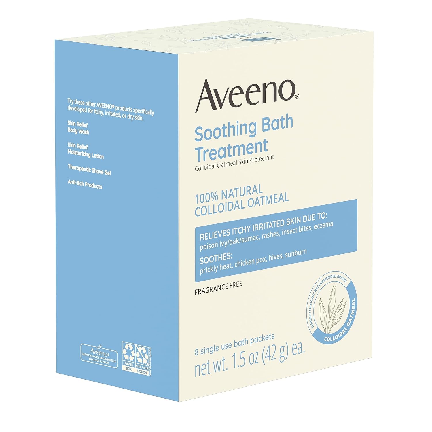 Aveeno individual wrapped packets highlight hygienic, convenient bath additions.