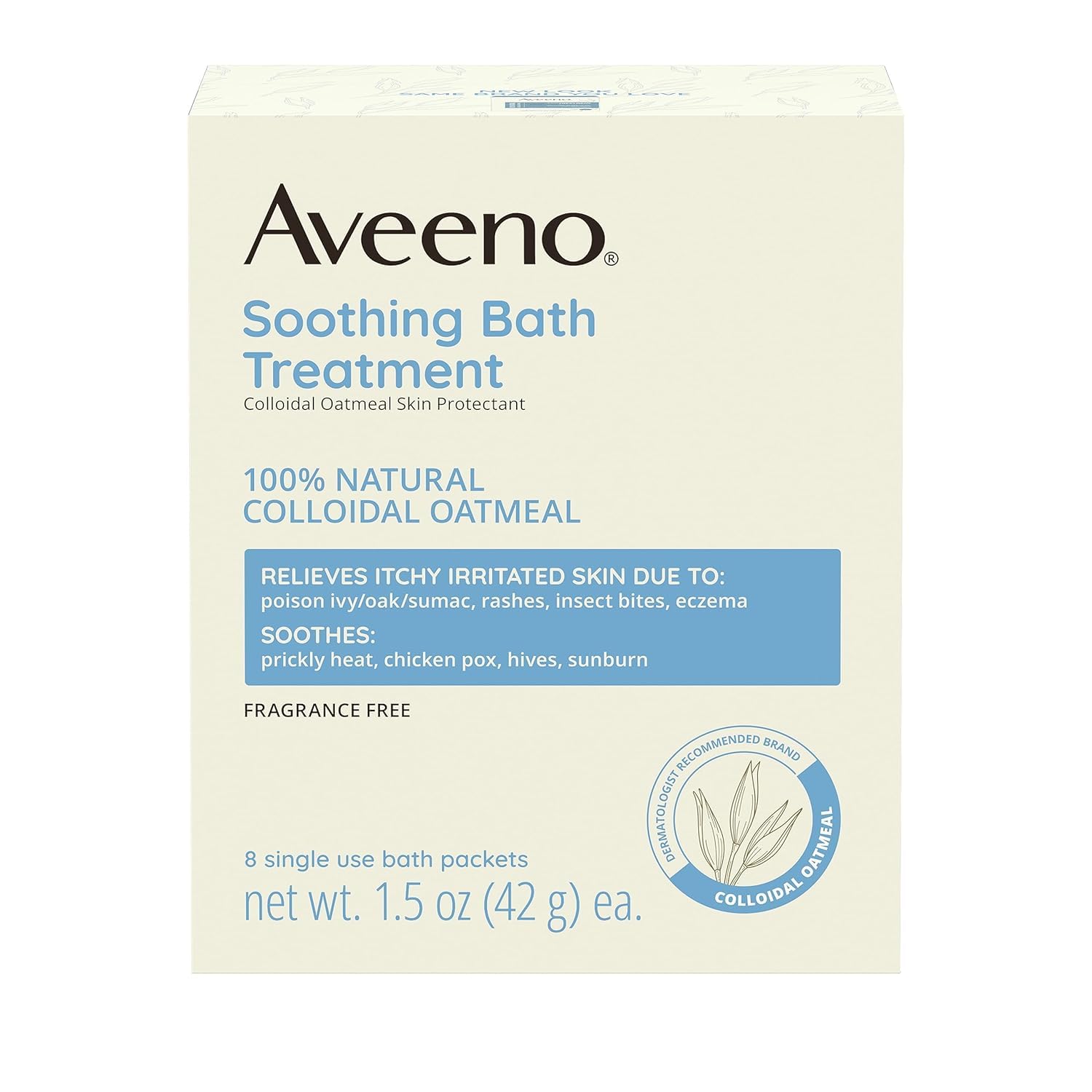 Aveeno oatmeal-infused bath in tub shot suggests a natural calming soak.