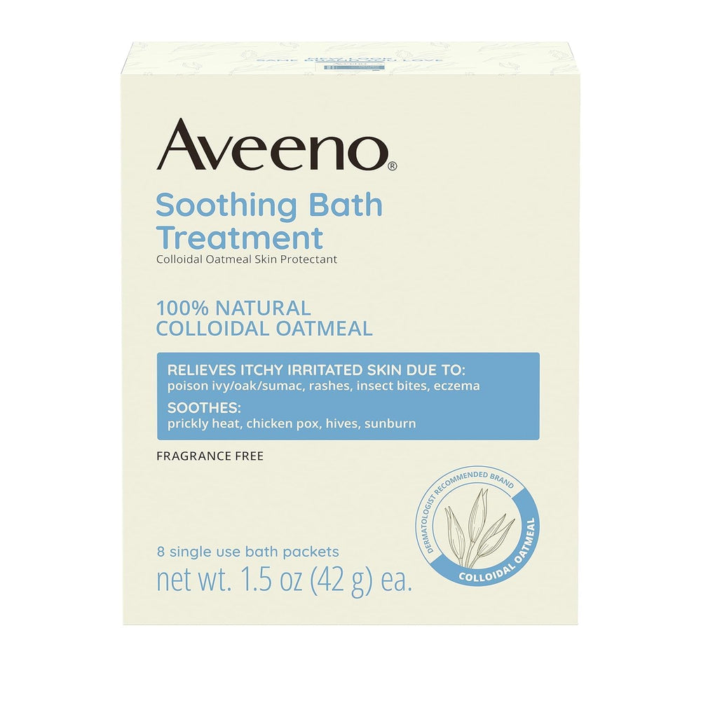 Aveeno oatmeal-infused bath in tub shot suggests a natural calming soak.