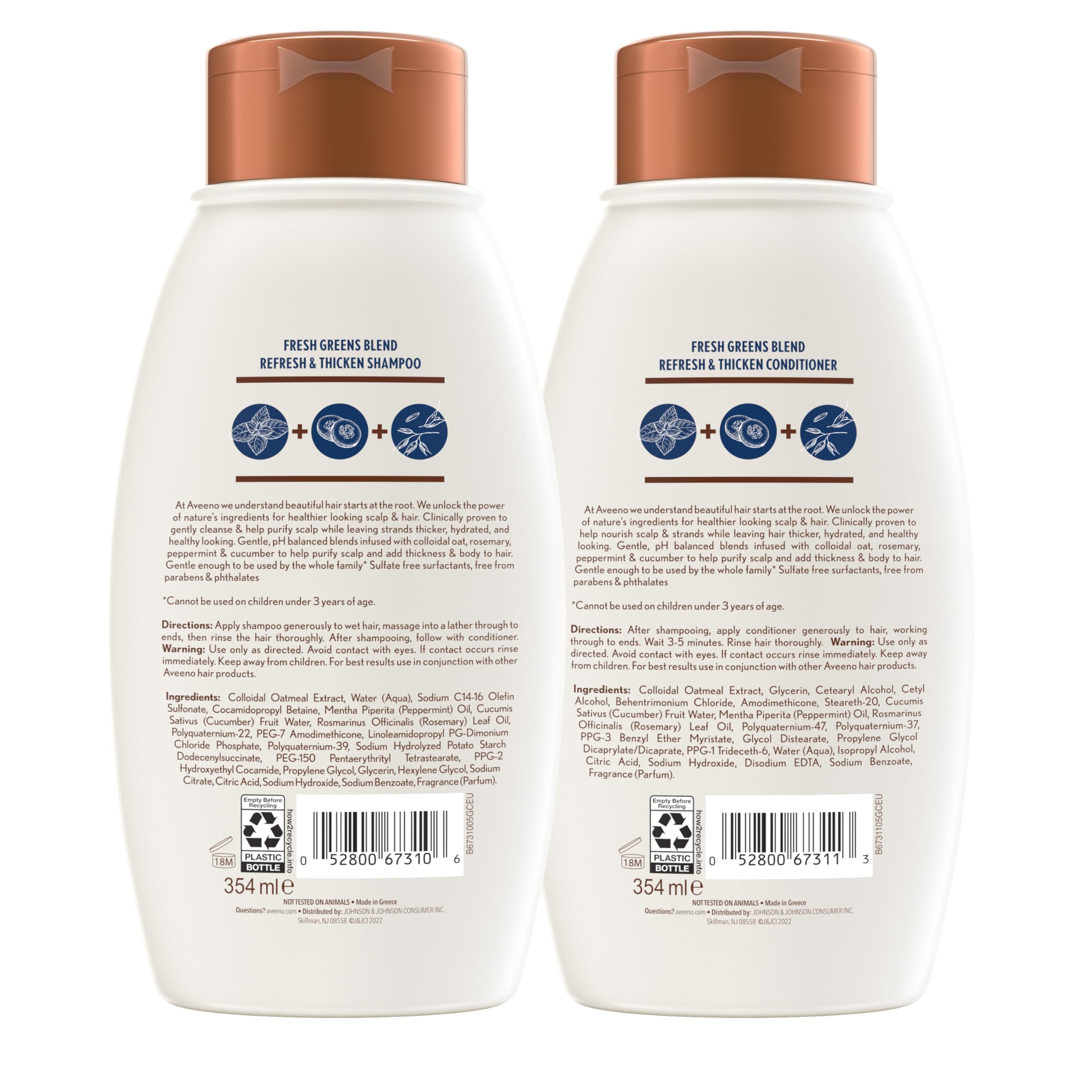 Aveeno Fresh Greens conditioner bottle with cucumber for lightweight moisture and manageability.