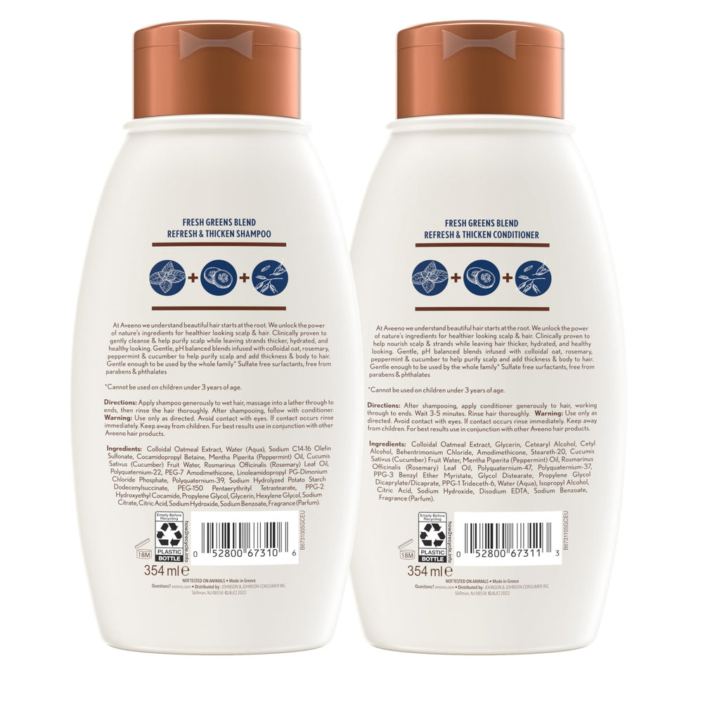 Aveeno Fresh Greens conditioner bottle with cucumber for lightweight moisture and manageability.