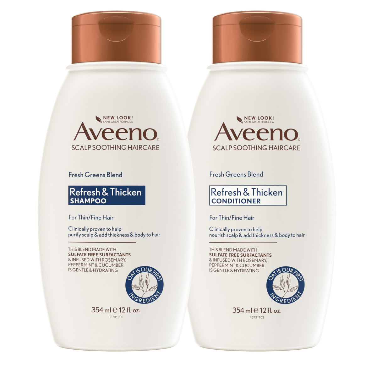 Aveeno Fresh Greens shampoo bottle with rosemary and peppermint for volumizing cleansing.