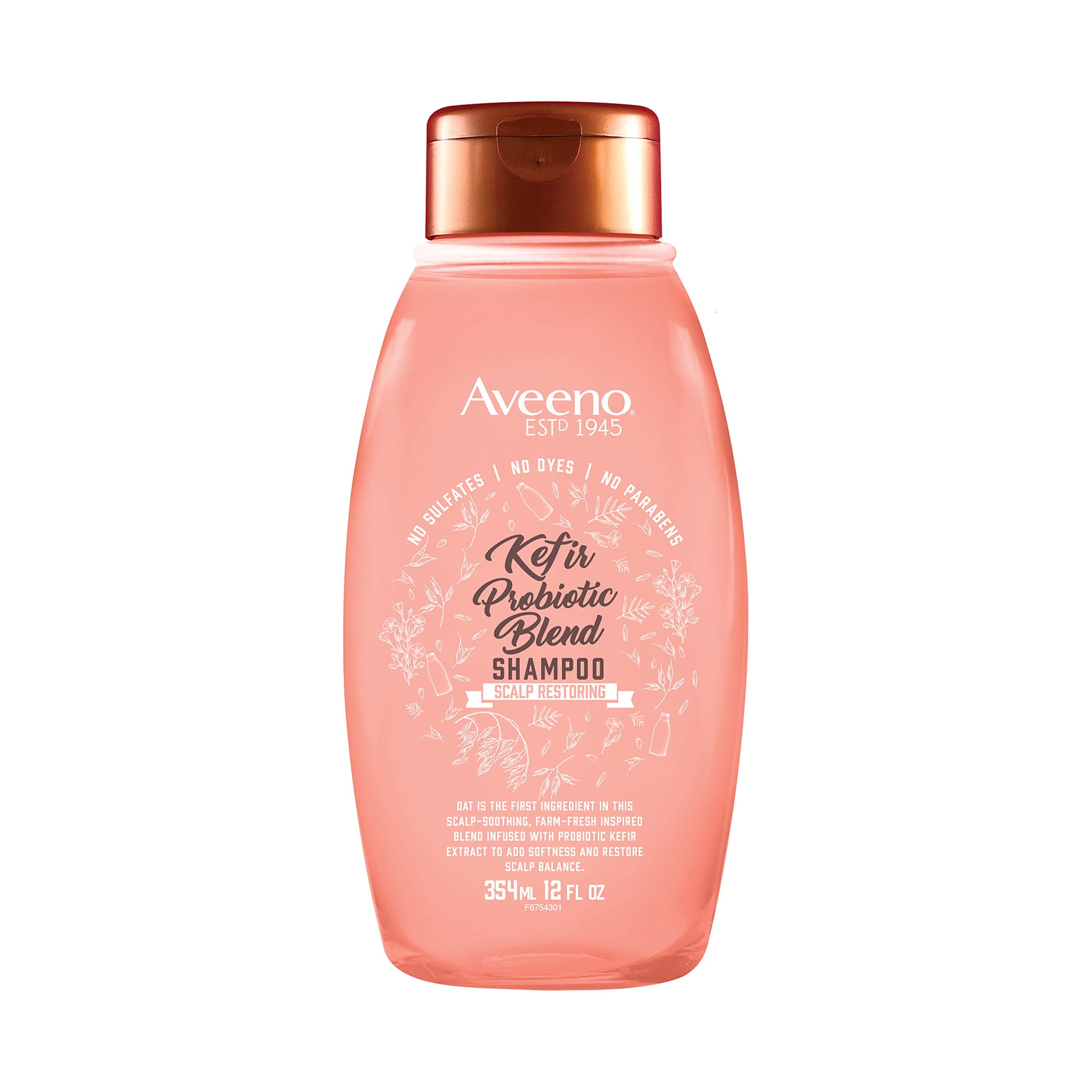 Aveeno Kefir Probiotic Blend Shampoo bottle shows gentle, sulfate-free balance.
