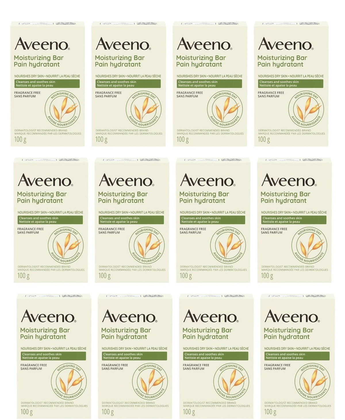 Aveeno Naturals Moisturizing Bar 12-pack front view showing compact packaging for daily use