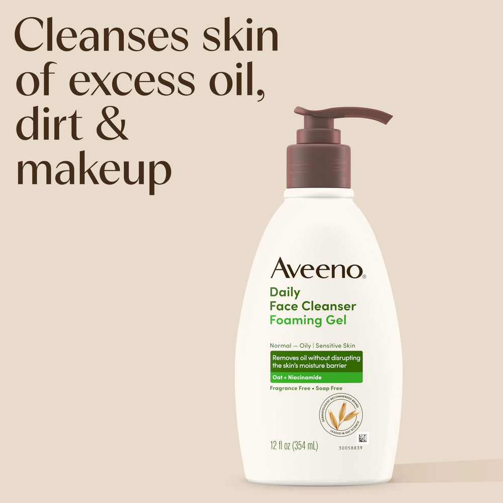 Aveeno oat and niacinamide formula label highlights soothing balanced ingredients.