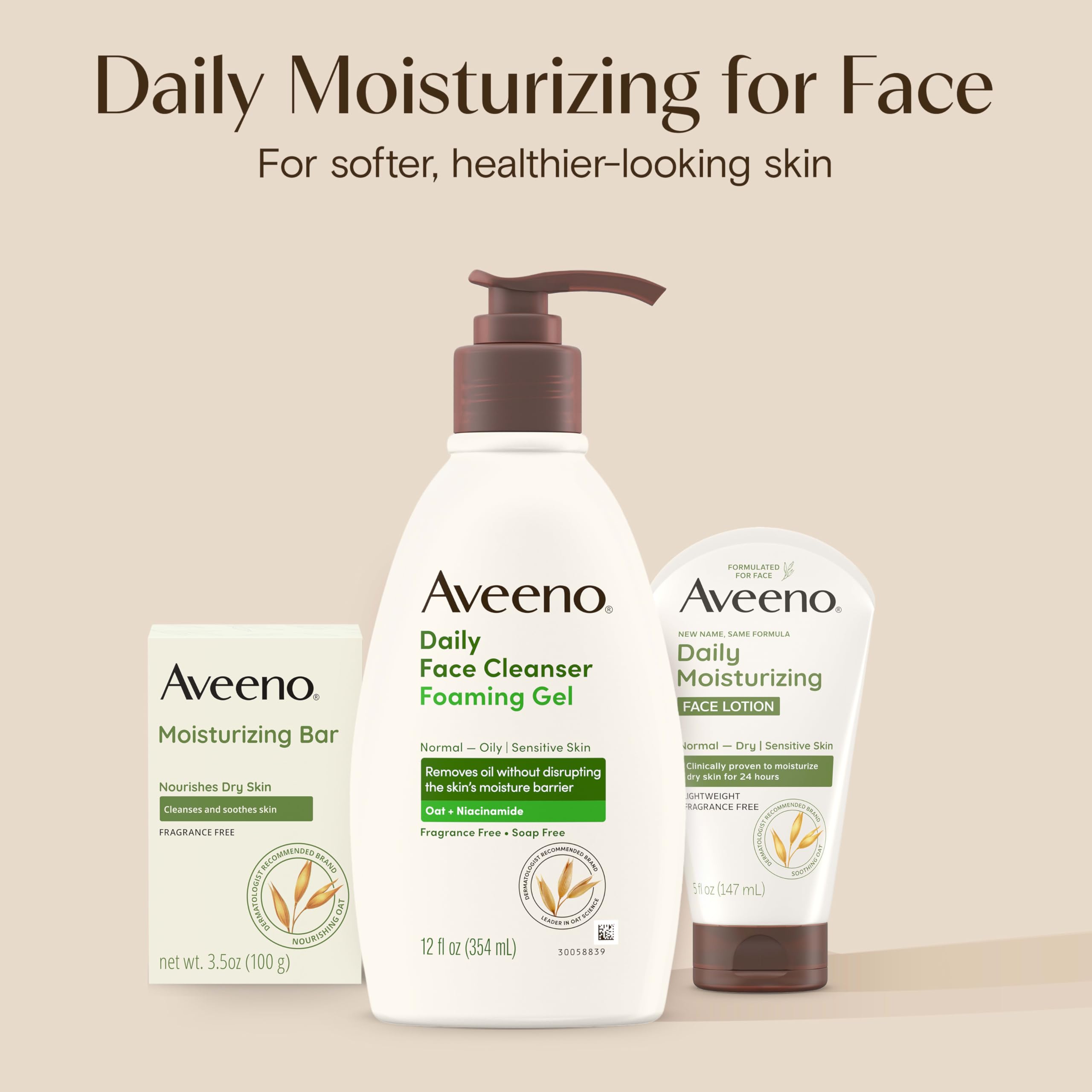 Aveeno packaging shows fragrance free sulfate free paraben free dye free promise for sensitive skin.