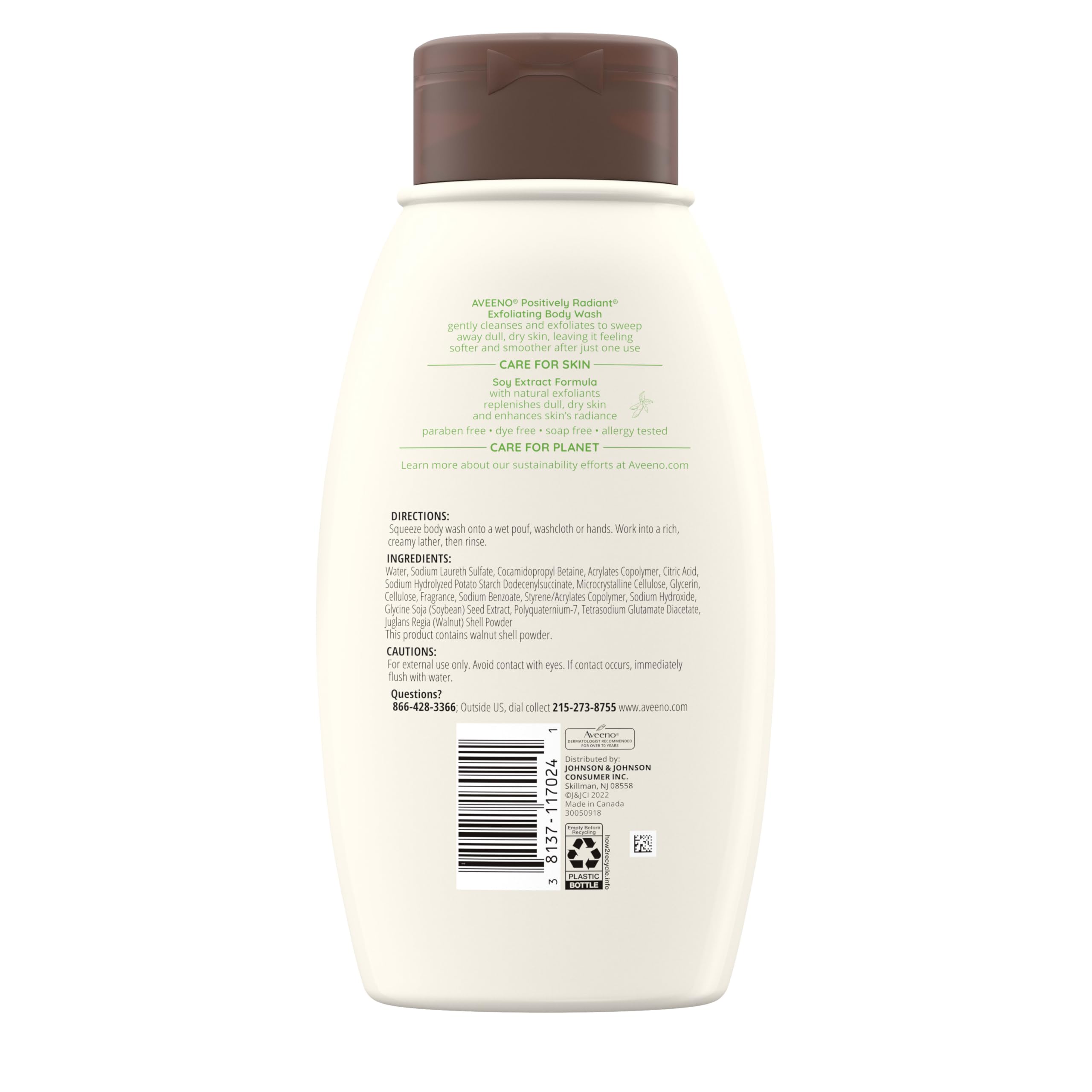 Aveeno Positively Radiant exfoliating wash bottle indicates allergy-tested, paraben-free formula