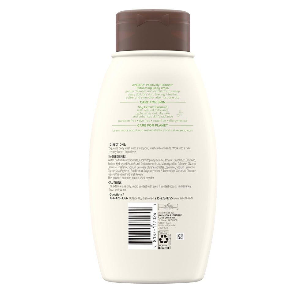 Aveeno Positively Radiant exfoliating wash bottle indicates allergy-tested, paraben-free formula