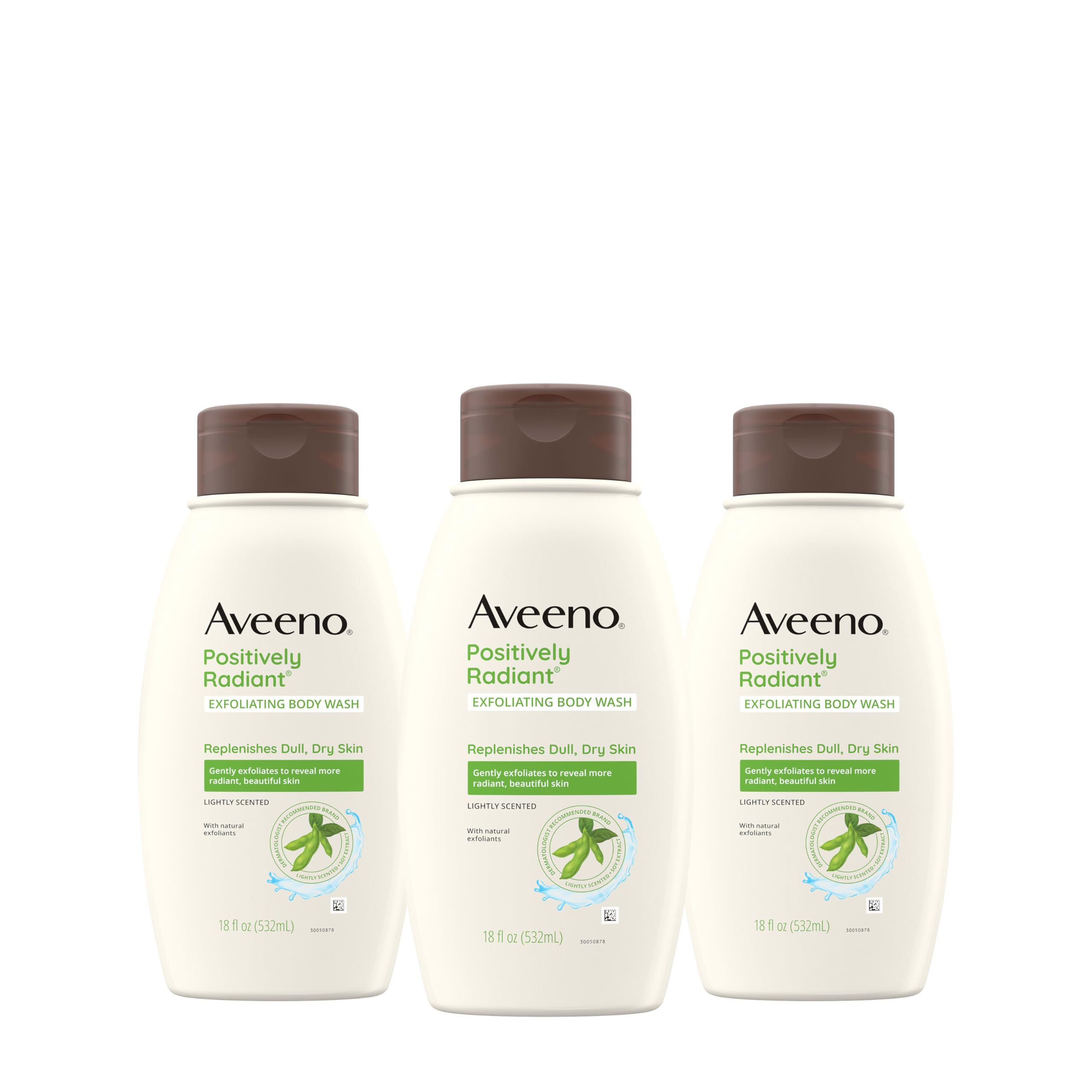 Aveeno Positively Radiant exfoliating wash bottle highlighting soy extract for radiant skin