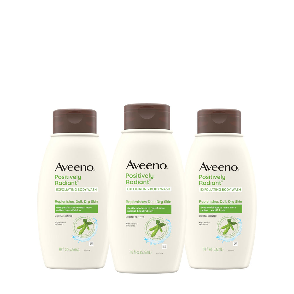 Aveeno Positively Radiant exfoliating wash bottle highlighting soy extract for radiant skin
