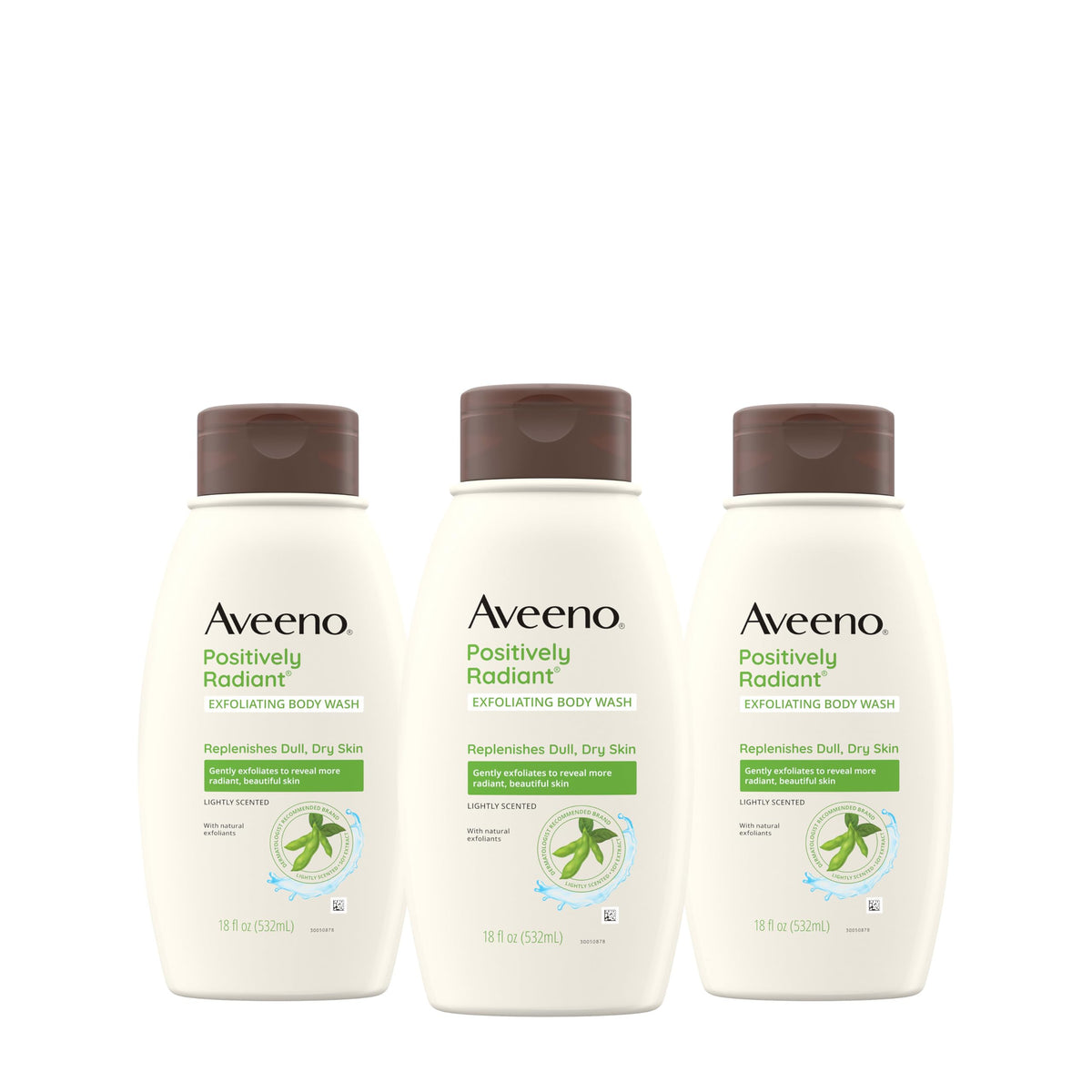 Aveeno Positively Radiant exfoliating wash bottle highlighting soy extract for radiant skin