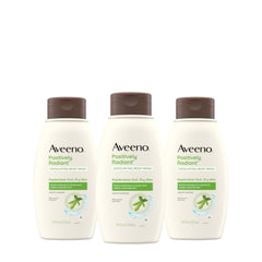 Aveeno Positively Radiant exfoliating wash bottle highlighting soy extract for radiant skin