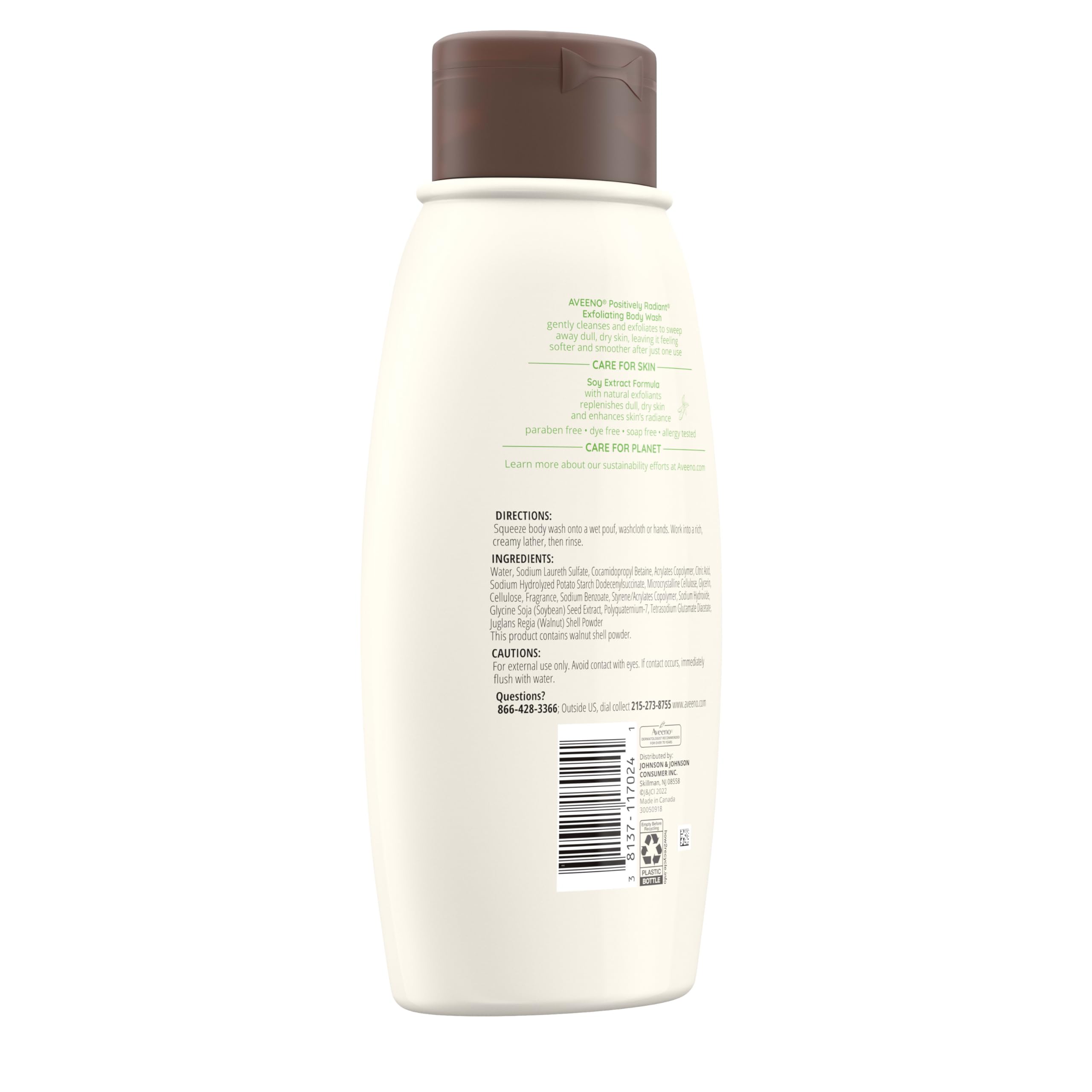 Aveeno Positively Radiant bottle on skin with gentle scent