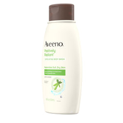 Three-pack Aveeno Positively Radiant Exfoliating Body Wash packaging shown