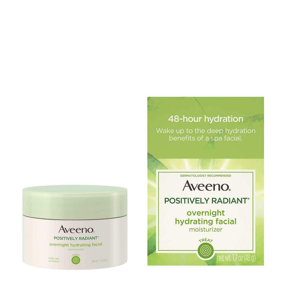 Aveeno Positively Radiant overnight moisturizer bottle for deep overnight hydration.