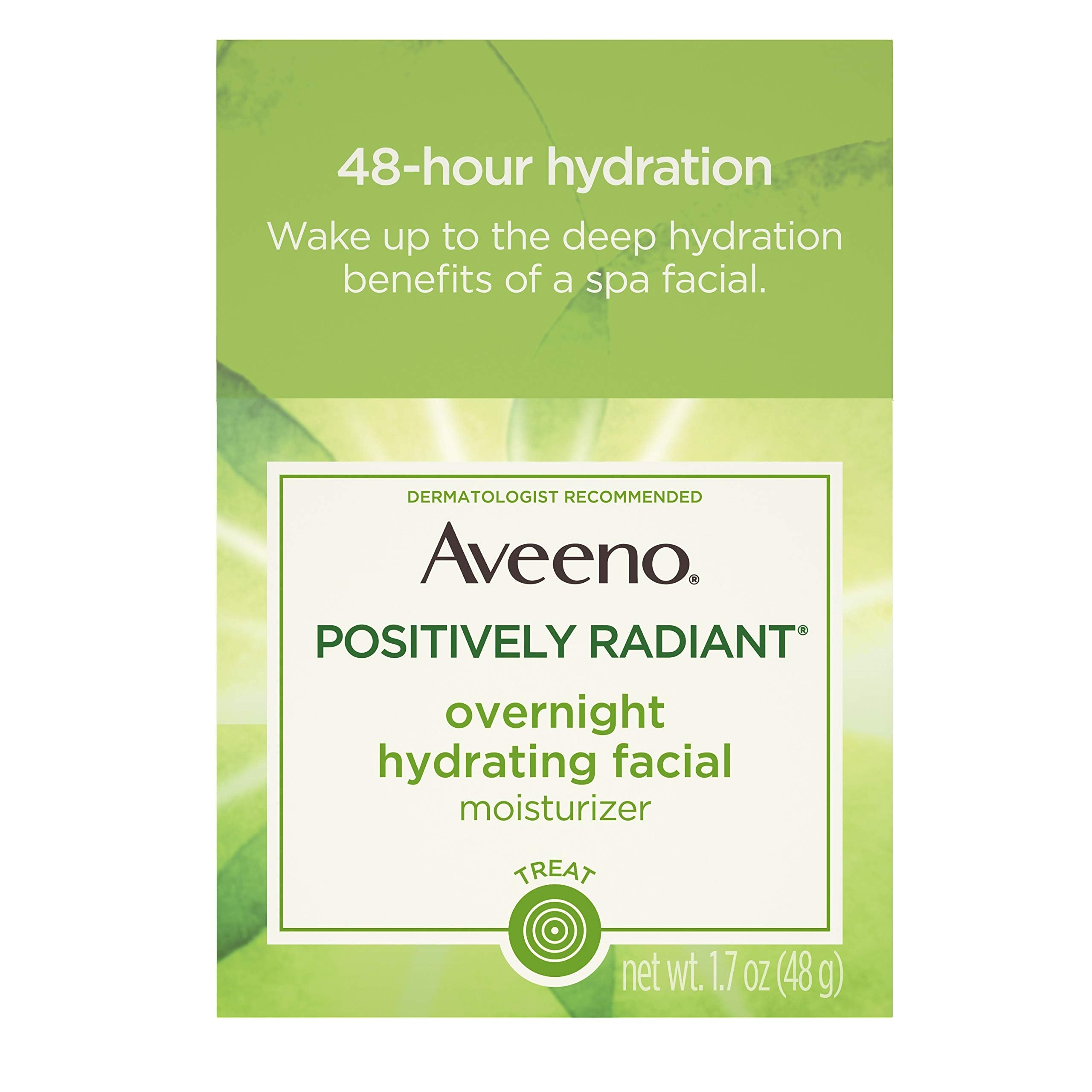 Aveeno Positively Radiant jar close-up showing lightweight, non-greasy texture.