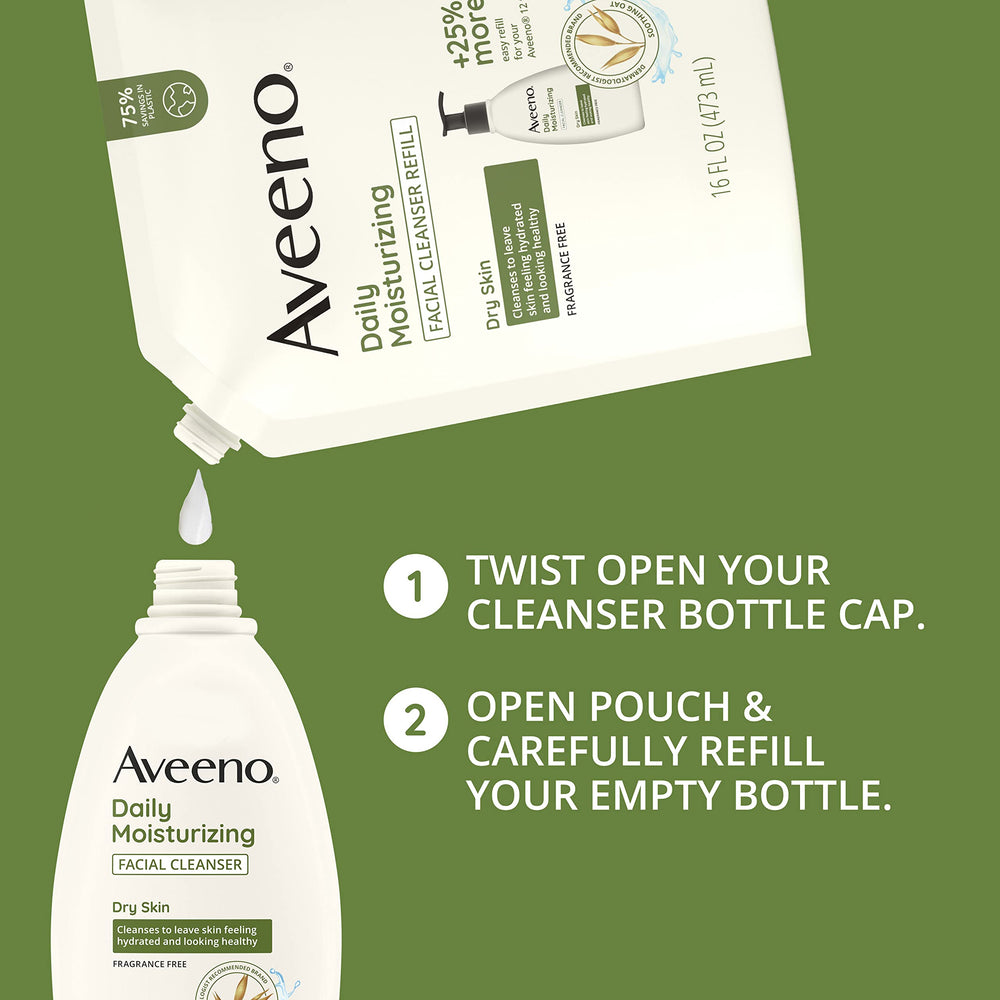 Aveeno refill pouch highlighting 30 percent post-consumer recycled plastic