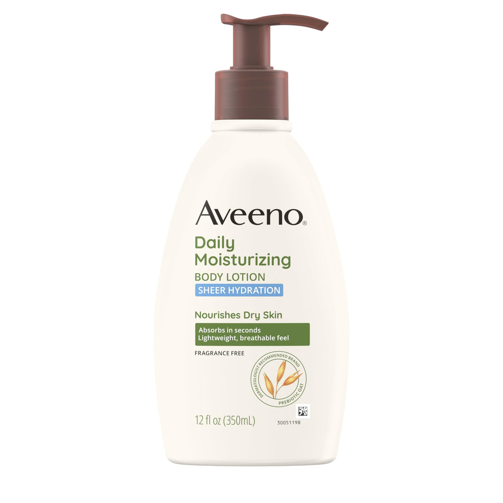 Aveeno Sheer Hydration bottle front showing lightweight fragrance-free moisturizer for daily use.