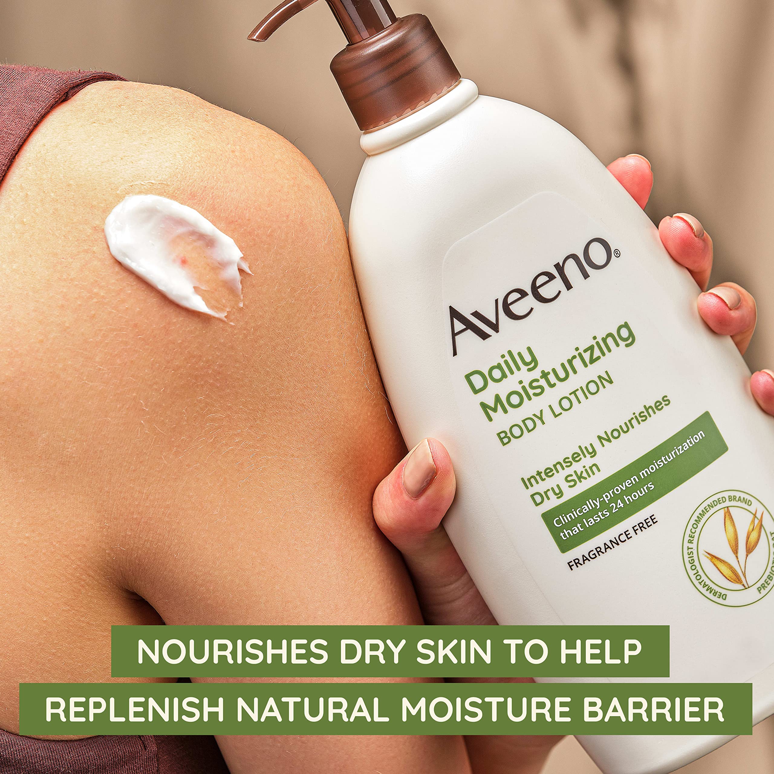 Texture swatch reveals ultra-sheer, non-greasy finish for dry skin with Aveeno lotion.