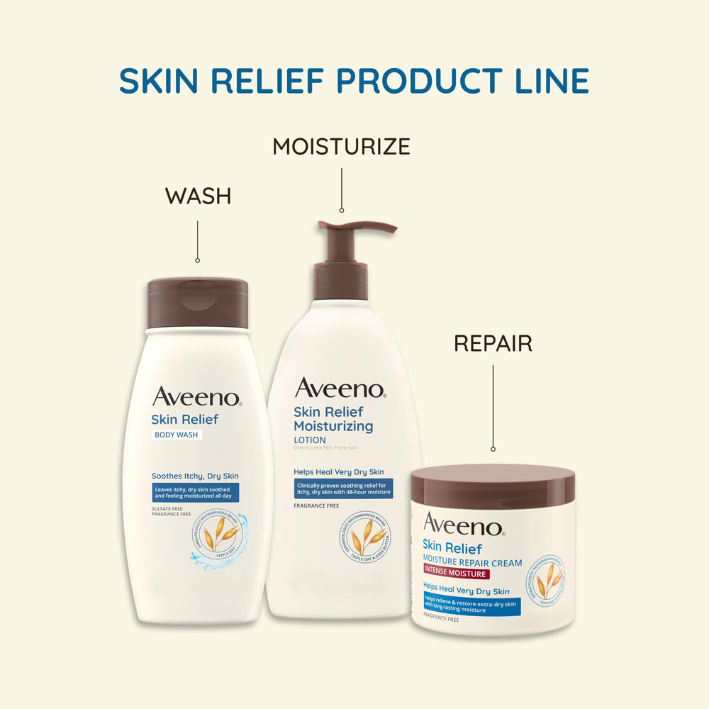 Aveeno Skin Relief bottle labeled allergy-tested, suitable for sensitive skin.