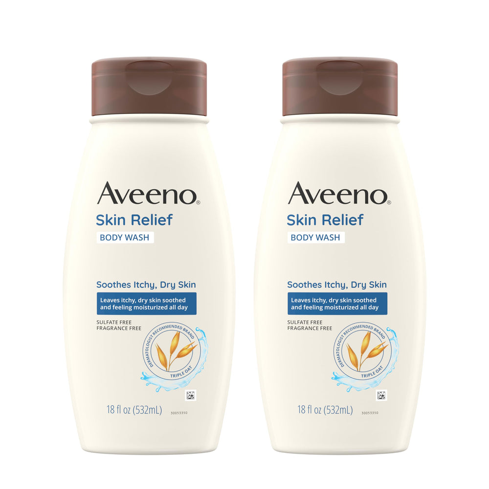 Aveeno Skin Relief Fragrance-Free Body Wash bottle front view for sensitive skin.