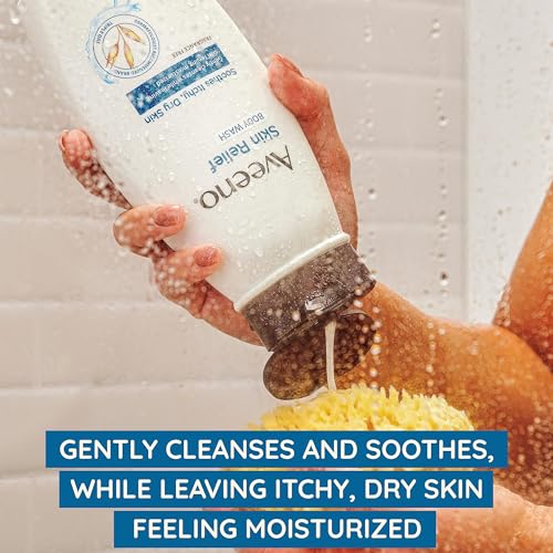 Aveeno Skin Relief Fragrance-Free Body Wash being poured to create creamy lather for daily use.