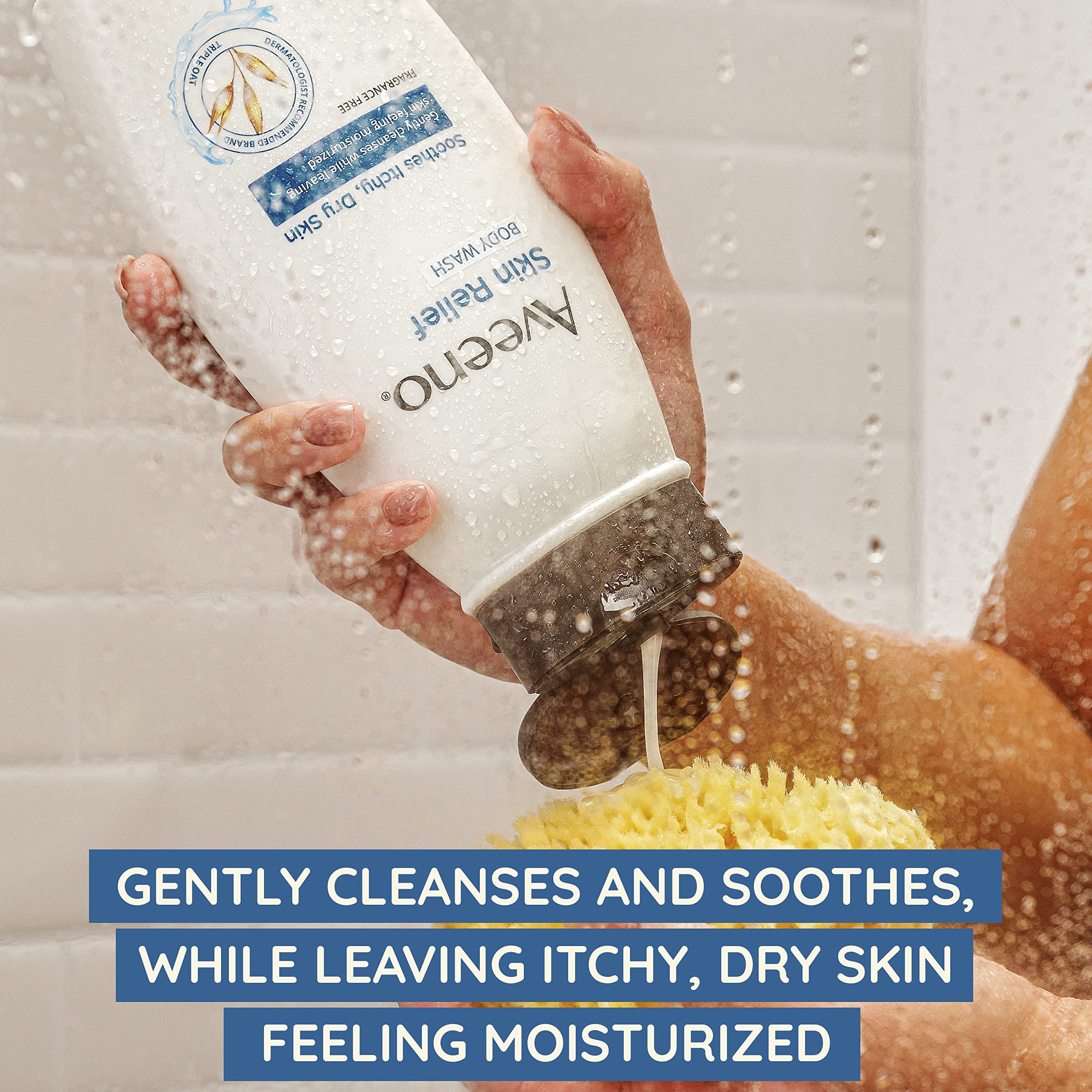 Aveeno Fragrance-Free, Sulfate-Free label close-up communicates a clean formula.