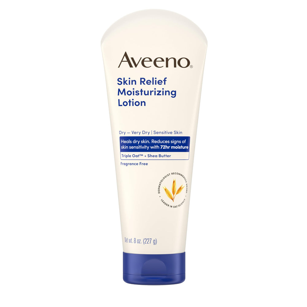 Aveeno Skin Relief lotion in 8 oz pump bottle for fast absorption in use.